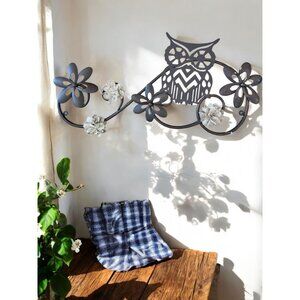 Metal Owl Wall Art With Floral Accents & Mesh Flower Details